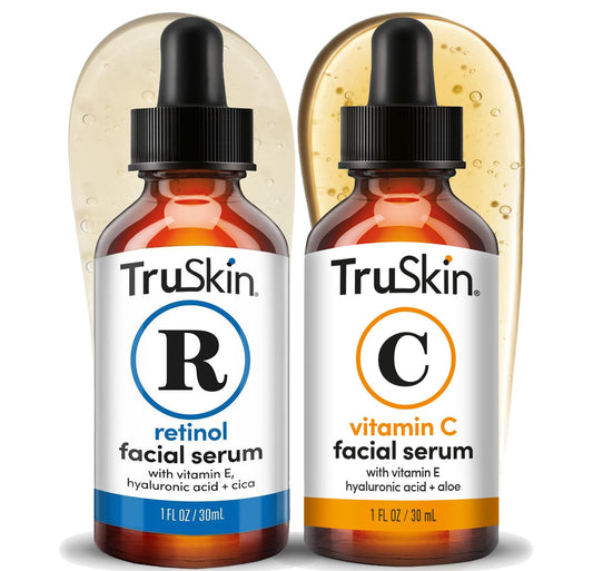 TruSkin Face Serum Duo - Vitamin C Serum & Retinol Serum for Face - AM & PM Anti Aging Skincare Routine - Brightening & Smoothing Facial Serums, 1 fl