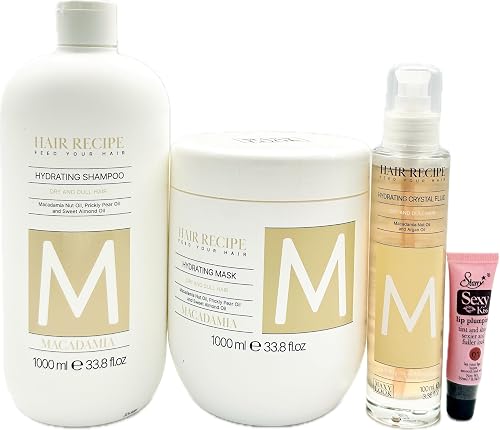 Maxy Look Hair Recipe Feed Your Hair MacademIa Hydrating Shampoo & Mask1000 ml /33.8 fl oz + Hydrating Crystal Oil 3.38 fl oz - Free Starry Lip Gloss