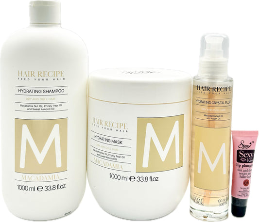Maxy Look Hair Recipe Feed Your Hair MacademIa Hydrating Shampoo & Mask1000 ml /33.8 fl oz + Hydrating Crystal Oil 3.38 fl oz - Free Starry Lip Gloss
