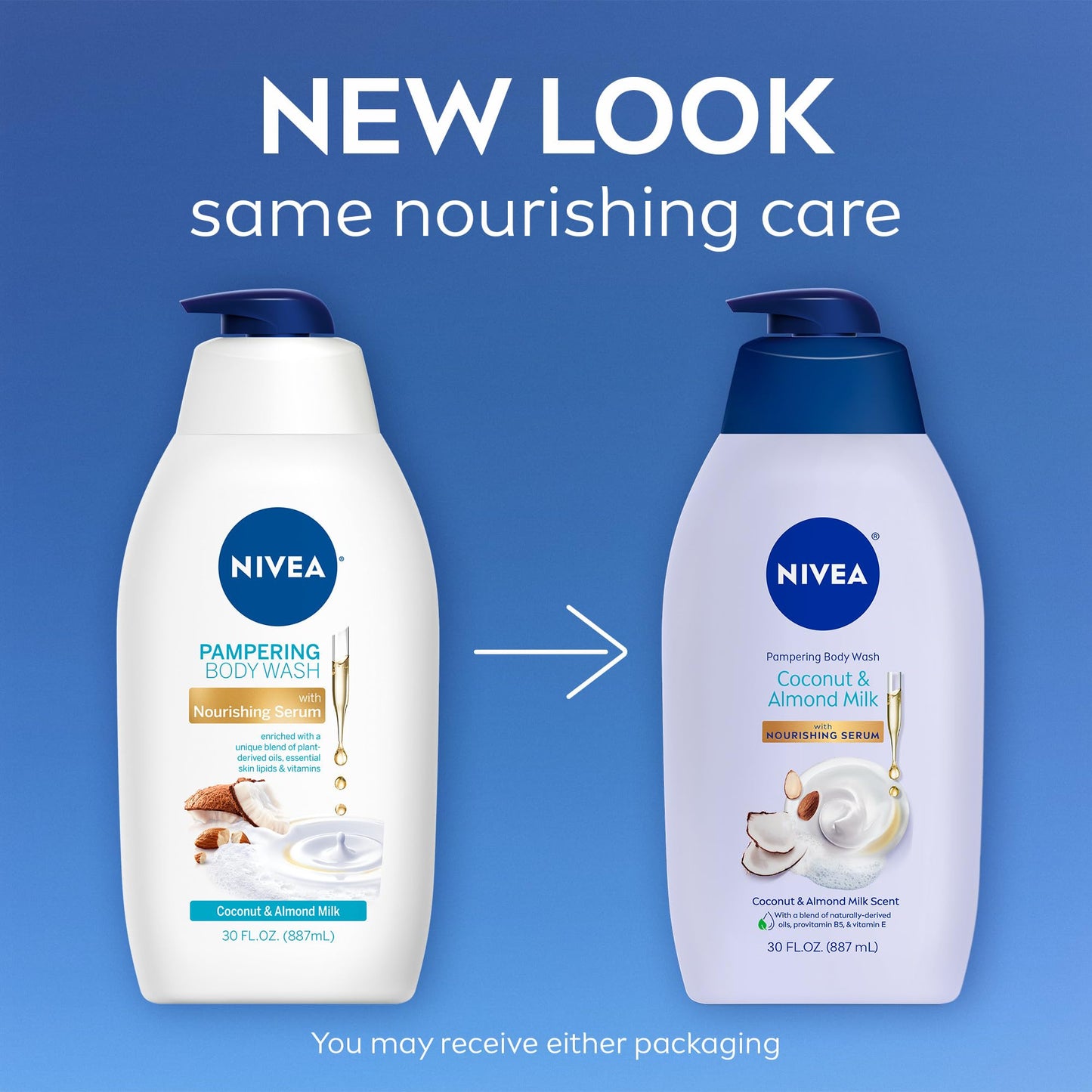 NIVEA Pampering Coconut and Almond Milk Body Wash with Nourishing Serum, Moisturizing Body Wash for Women, Enriched with Provitamin B5 and Vitamin E