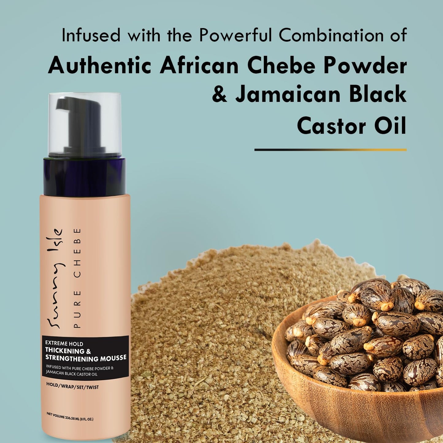 Sunny Isle Chebe Extreme Hold Thickening & Strengthening Mousse - Infused with African Chebe Powder, Jamaican Black Castor Oil - 8oz