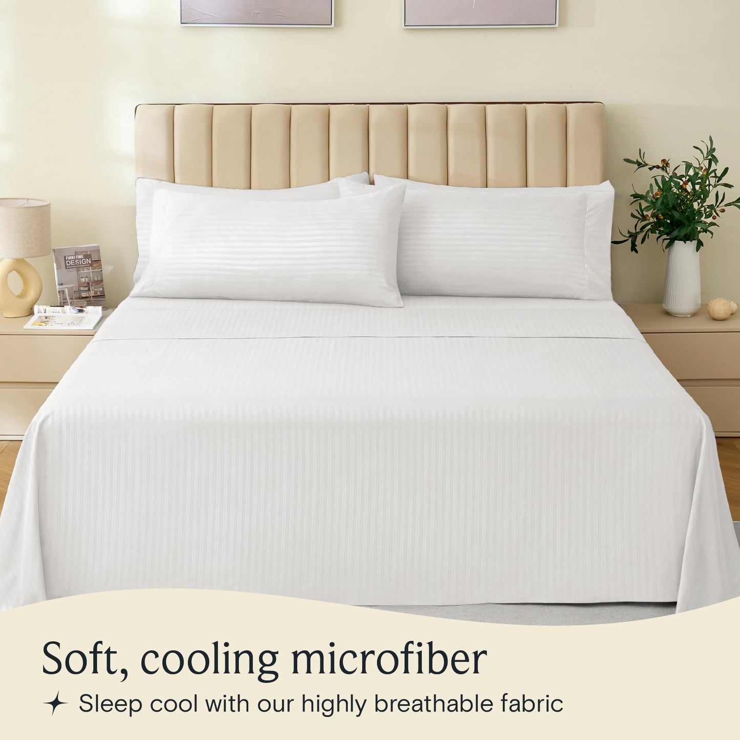 LuxClub 6PC King Microfiber Sheet Set, Striped White, Deep Pockets 18" Wrinkle Free, Cooling Bed Sheets, Allergy Free, Hotel Quality