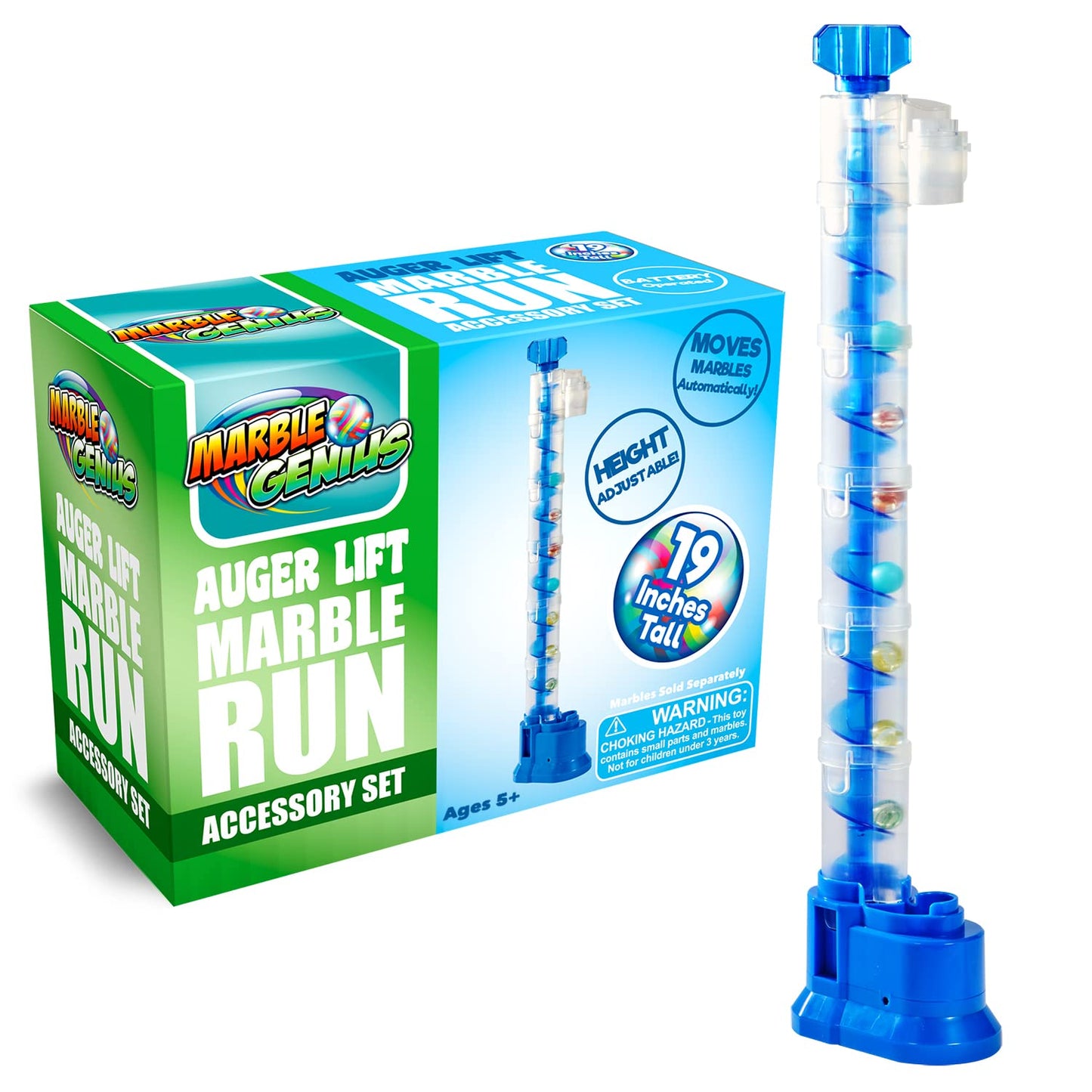 Marble Genius Auger Lift – Expandable Marble Run Accessory Elevates Marbles 19", Endless Racing Fun, Ages 5+, Battery Powered, Blue