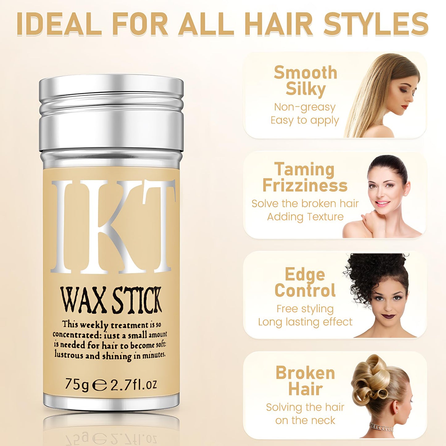 VOLLUCK Hair Wax Stick for Wigs, Edge Control Slick Stick Hair Pomade 2.7Oz Stick Non-greasy Styling Wax, Temporary Hair Styling Product for Edge