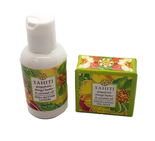 Greenwich Bay Trading Company Destination Collection Bundle: Tahiti - 2oz Mini Wrapped Soap Block + 2oz Mini Shea Butter Lotion