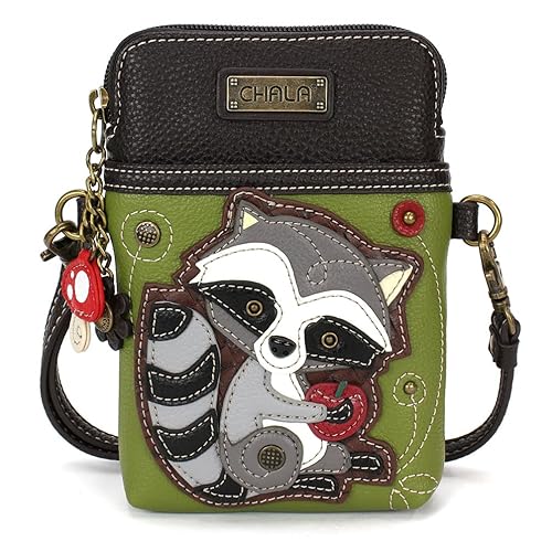 CHALA Woodland Animal Collection Cell Phone Crossbody Purse-Women PU Leather/Canvas Multicolor Handbag with Adjustable Strap - Raccoon with Cherry…