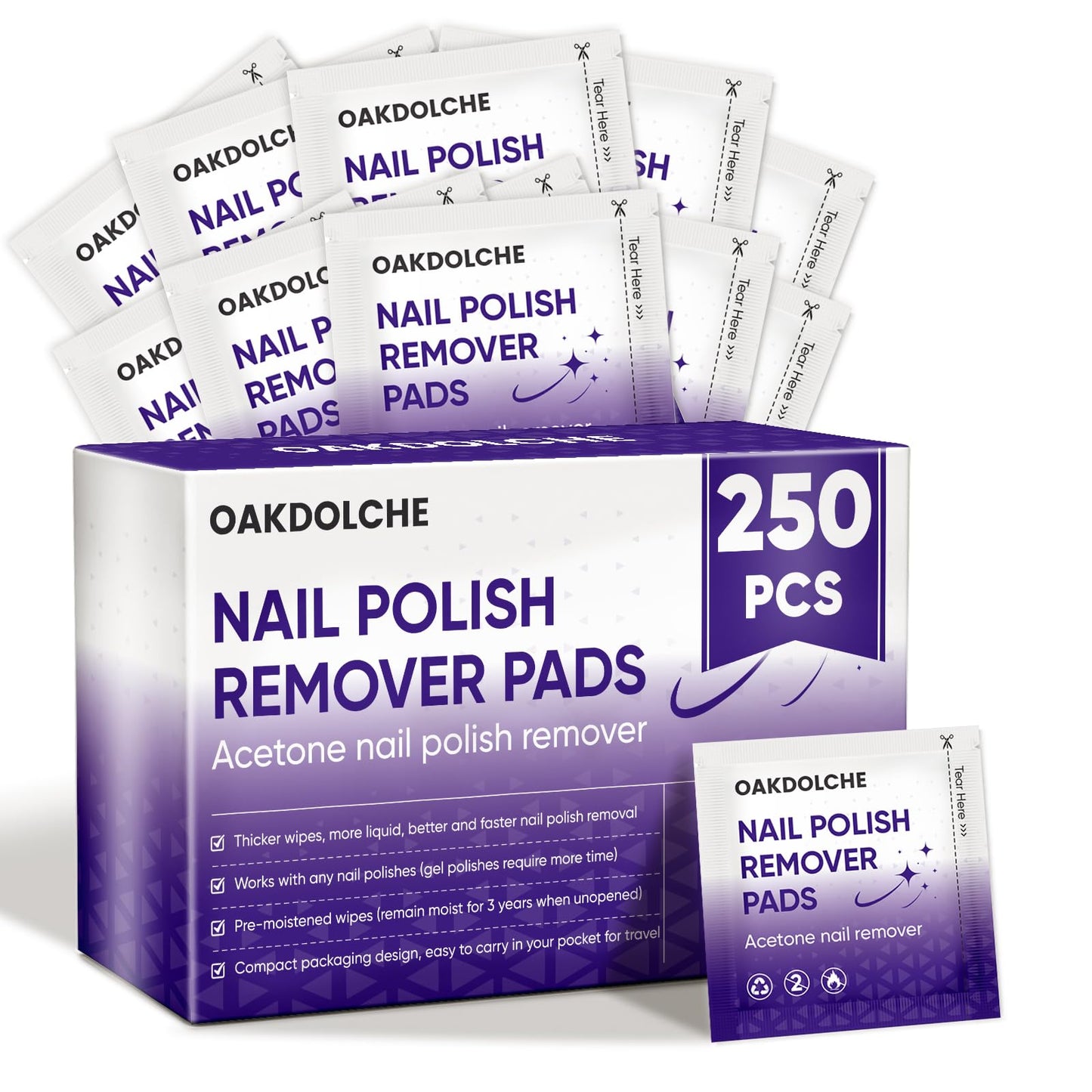 OAKDOLCHE 250 Pack Bulk Acetone Nail Polish Remover Pads, Individually Wrapped & Travel-Friendly, Quick & Effective for Gel & Fingernail Polish, Home Beauty and Personal Care OAKDOLCHE