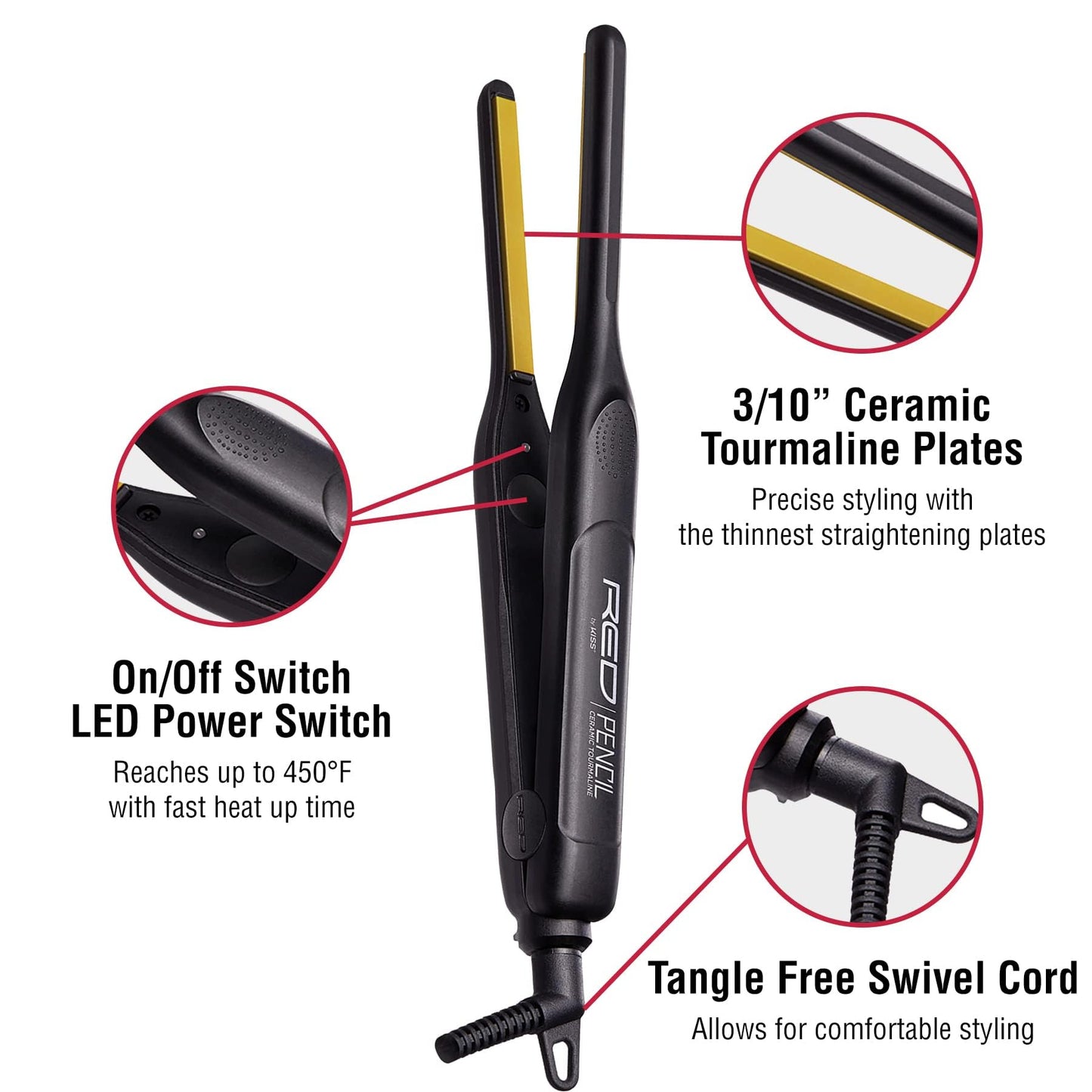 RED by KISS 2 Pcs Styling Set, 0.3” Ceramic Tourmaline Pencil Flat Iron & 6 Fl Oz Heat Protectant Hair Serum with Castor & Coconut Oil, for Edges