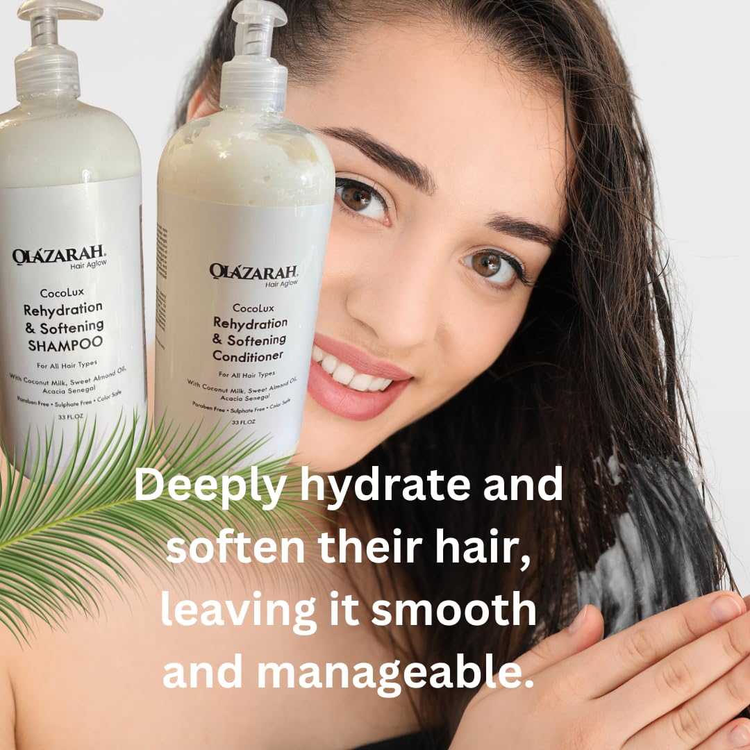 OLAZARAH Cocolux Rehydration Shampoo & Conditioner Set - 33 Fl Oz Each - Enriched with Coconut Milk & Sweet Almond Oil - Moisturizing Formula
