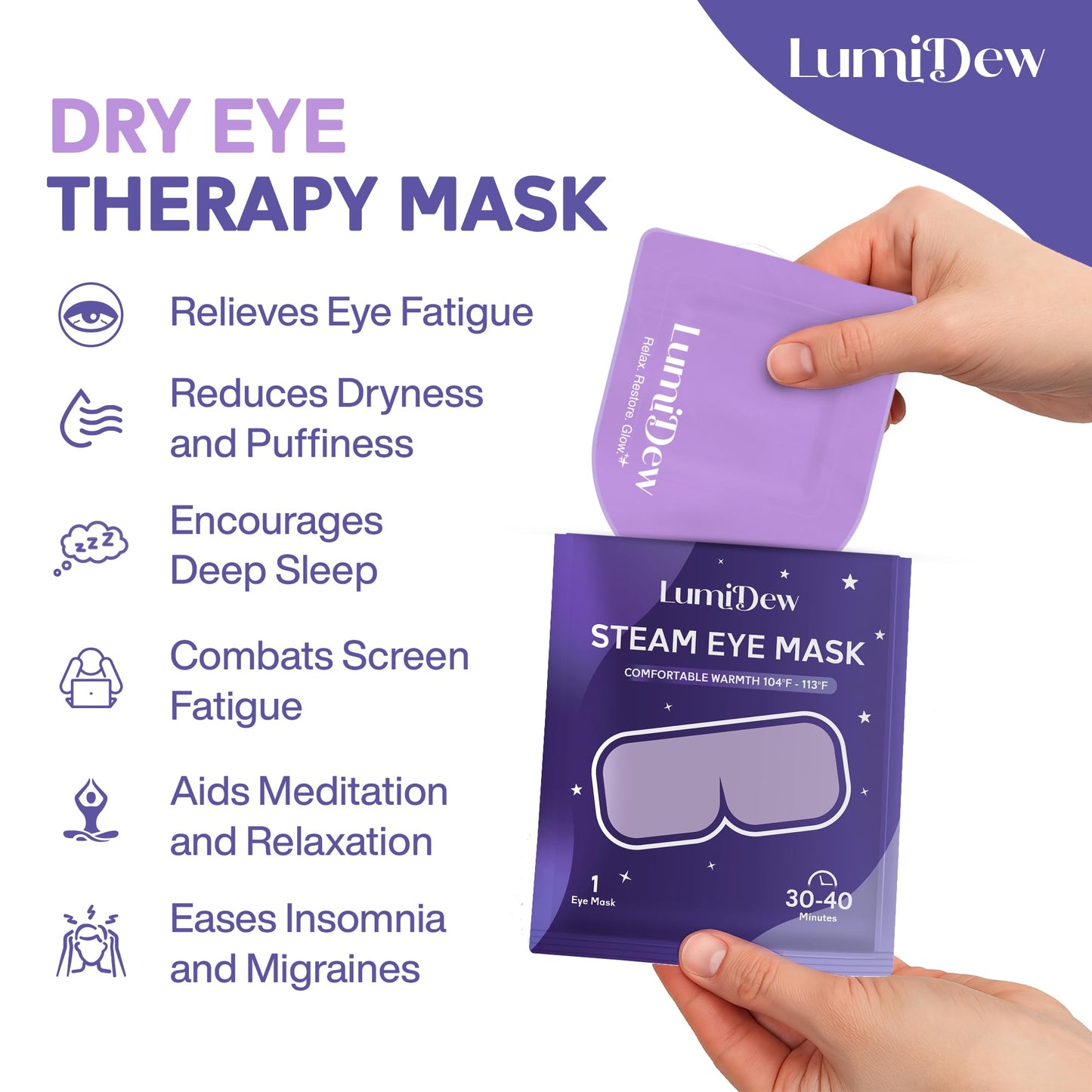 LumiDew Steam Eye Mask, Self Heating Heated Eye Mask for Sleep, Warm Compress for Eyes, Moist Heat for Dry Eye Relief, Stye Eye Treatment, Spa, Travel Beauty and Personal Care LumiDew