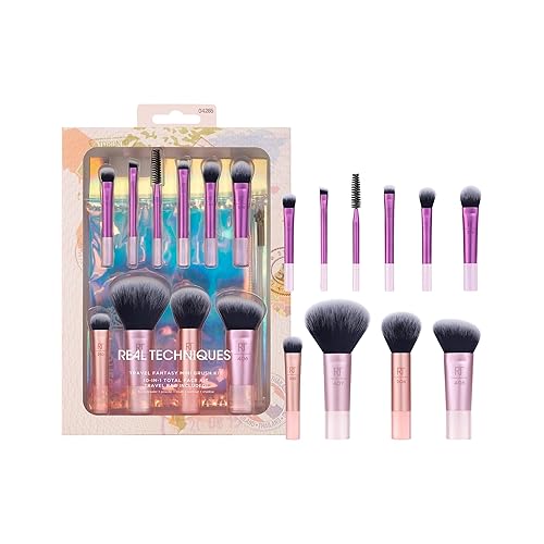 Real Techniques 11 Piece Travel Fantasy Mini Brush Set, Travel Size Makeup Brushes For Foundation Eyeshadow, Powder, Blush, Contour, & Concealer