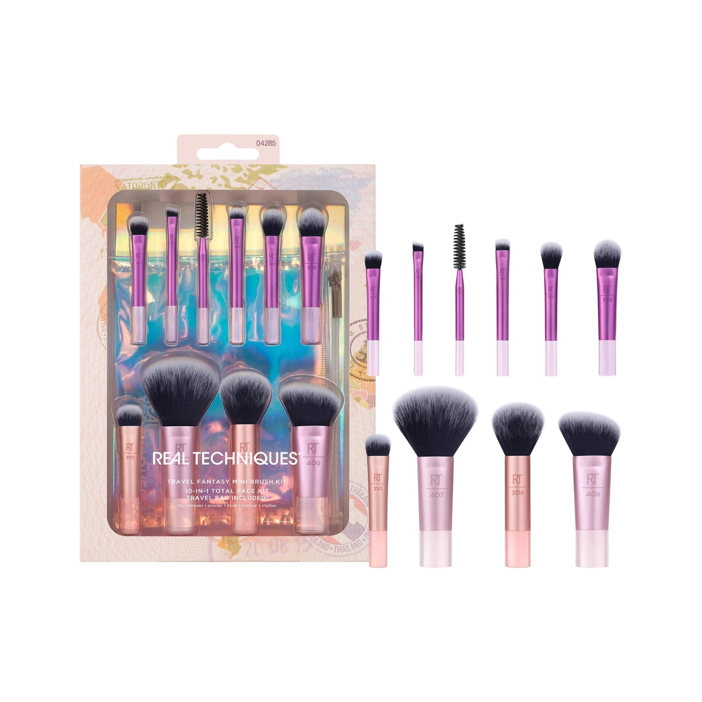 Real Techniques 11 Piece Travel Fantasy Mini Brush Set, Travel Size Makeup Brushes For Foundation Eyeshadow, Powder, Blush, Contour, & Concealer