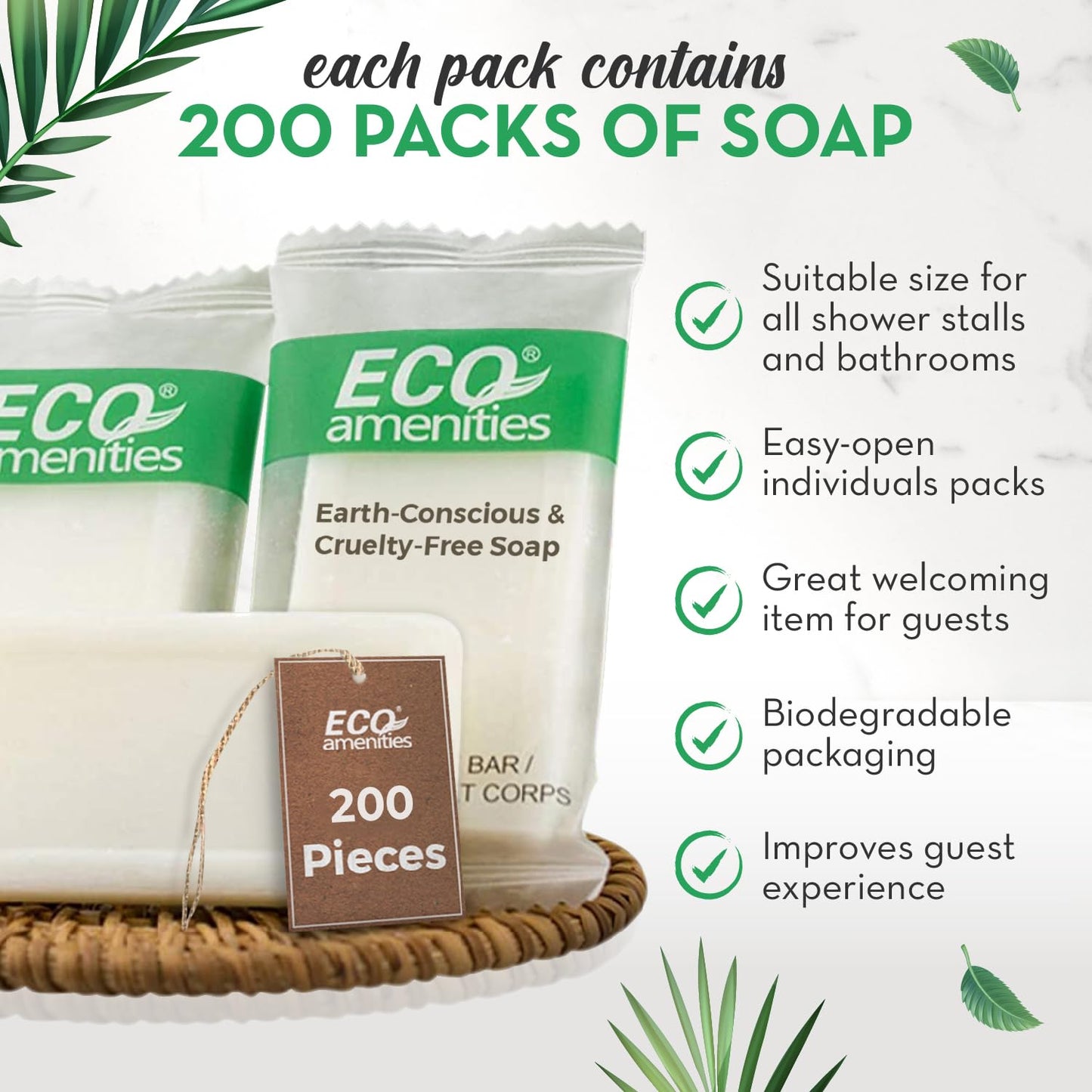 ECO amenities Bar Soap Pack - 200 Count, 1 oz Travel Body Bars - Individually Wrapped Hotel Guest Soaps for Travel Hygiene - Light Green Tea Scent