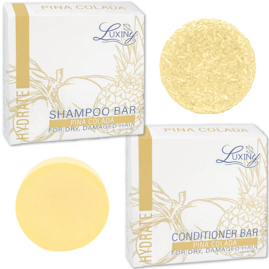 Luxiny Pina Colada Shampoo and Conditioner Bar Set - Sulfate-Free Shampoo Bar (60g) & Deep Conditioner Bar (50g) for Normal to Dry Hair, Made in USA