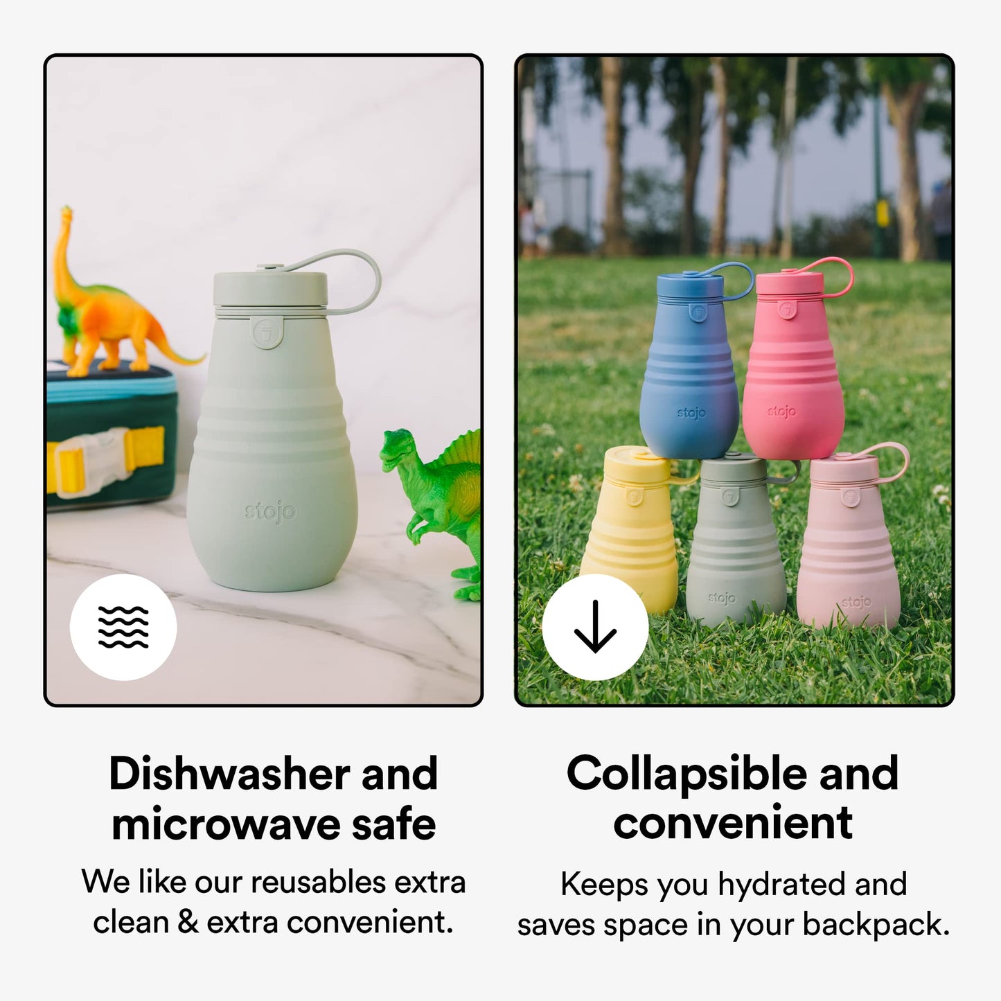 STOJO Jr Collapsible Bottle for Kids - Steel Blue, 14oz / 400ml - Leak-Proof Reusable Silicone Travel Cup for Hot & Cold Drinks -On-The-Go Camping…