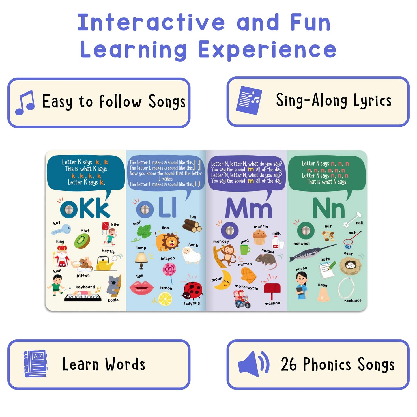 LEARNING BUGS Phonics Songs Book | 26 Letter Sound Songs | Learn to Read for Preschool & Kindergarten | Educational Toy Gift for Ages 2+