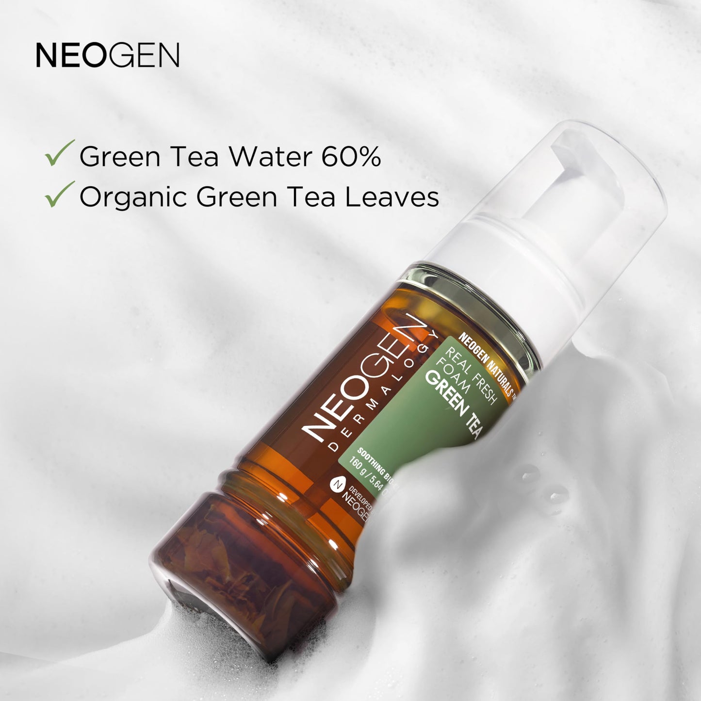 DERMALOGY by NEOGENLAB NEOGEN Real Fresh Foam Cleanser, Green Tea 5.6 Fl Oz (160g) - Soothing & Hydrating Gentle Cleansing Foam with Real Green Tea