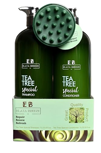 Peppermint Tea Tree Special Shampoo and Conditioner Set (33.8 0z)- Elata de Breeze with Scalp Massager Brush | Soothes Itchy Scalp, Deep Cleans