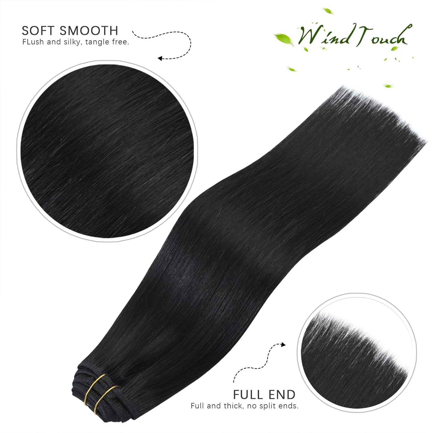 WindTouch Clip in Hair Extensions Real Human Hair Black Hair Extensions 12Inch 70g 7PCS Clip Ins Real Human Hair #1B Natural Black Clip in Hair