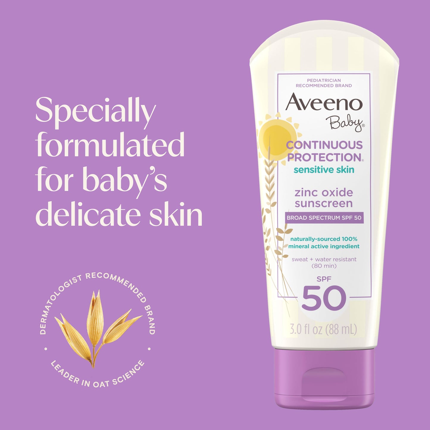 Aveeno Baby Continuous Protection Zinc Oxide SPF 50 Sunscreen for Babies with Sensitive Skin, Broad Spectrum Sun Protection, Tear-Free, Sweat