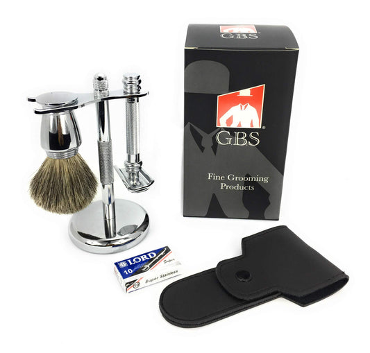 G.B.S Men's Premium Shaving Gift Set, Long Barber Pole Razor and Pure Badger Brush Stand, Double Edge Razor Leather Case and Blades Beauty and Personal Care G.B.S