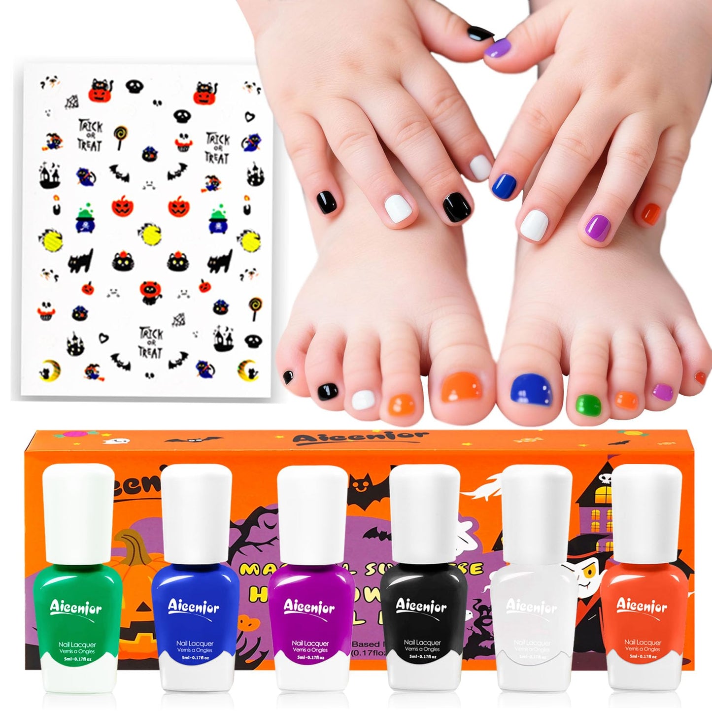Aieenjor Kids Nail Polish with Stickers, Non-Toxic Toddler Nail Polish, Water-Based, Peelable Polish for Kids, for Party, Holiday Favors, Party Favors Beauty and Personal Care Aieenjor Default Title