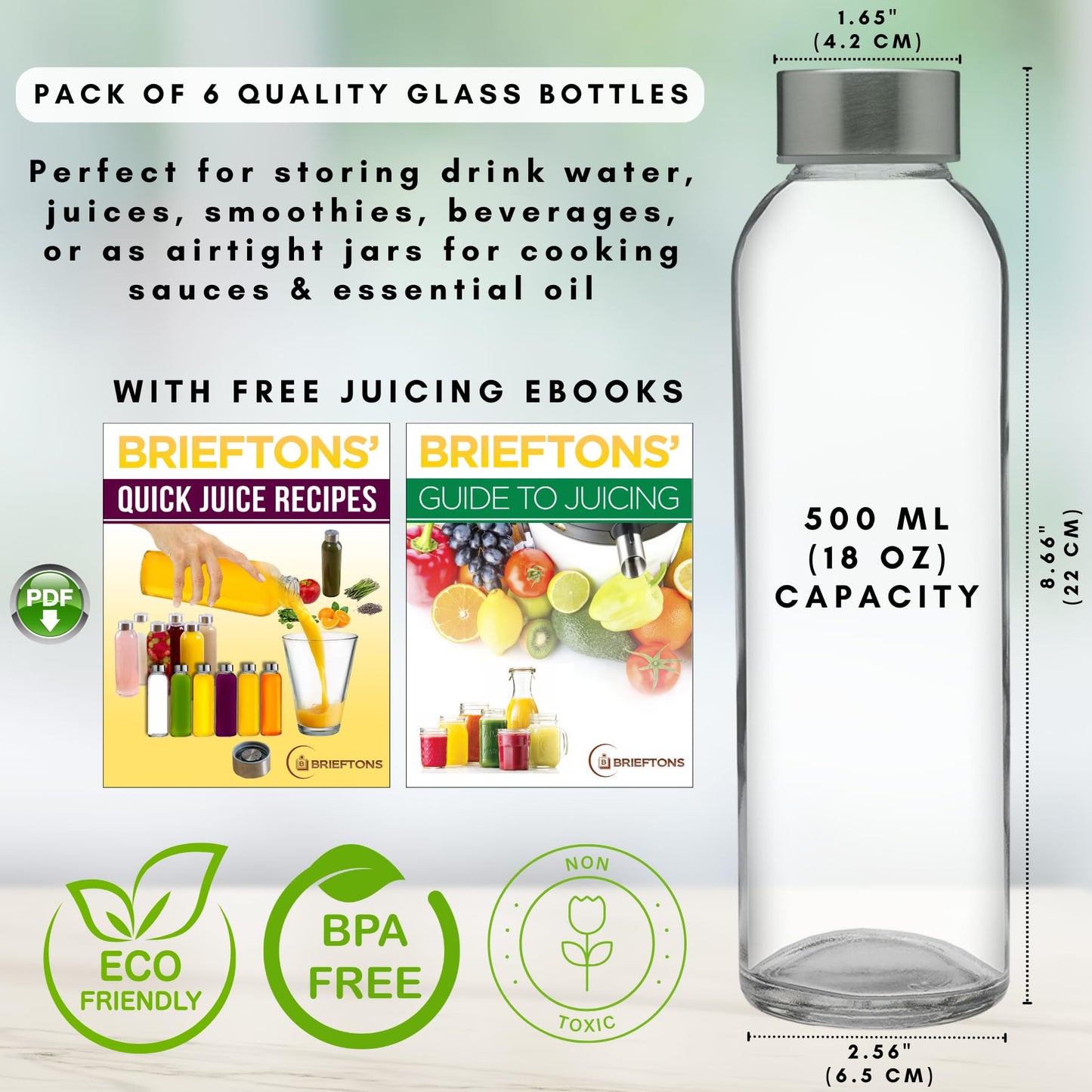 Brieftons Clear Glass Water Bottles With Caps: 6 Pack, 18 Oz Premium Soda Lime, Reusable Drinking Bottle, Sauce Jar, Juice Beverage Container, Kefir