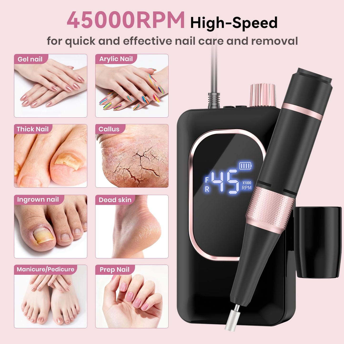 Professional Electric Nail Drill 45000RPM, Portable Nail File for Acrylic Gel Nails, Cordless Rechargeable Salon-Grade Ultra Power Nail Drill Kit Beauty and Personal Care Hoxida