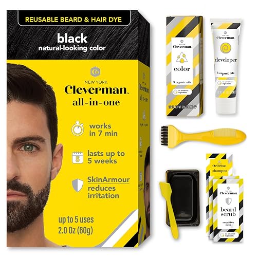 Reusable Hair & Beard Dye for Men - Black 1.0 | Up to 5 Uses, 7 Minutes | Natural Gray Coverage, No-Drip Cream with SkinArmour® - Cleverman