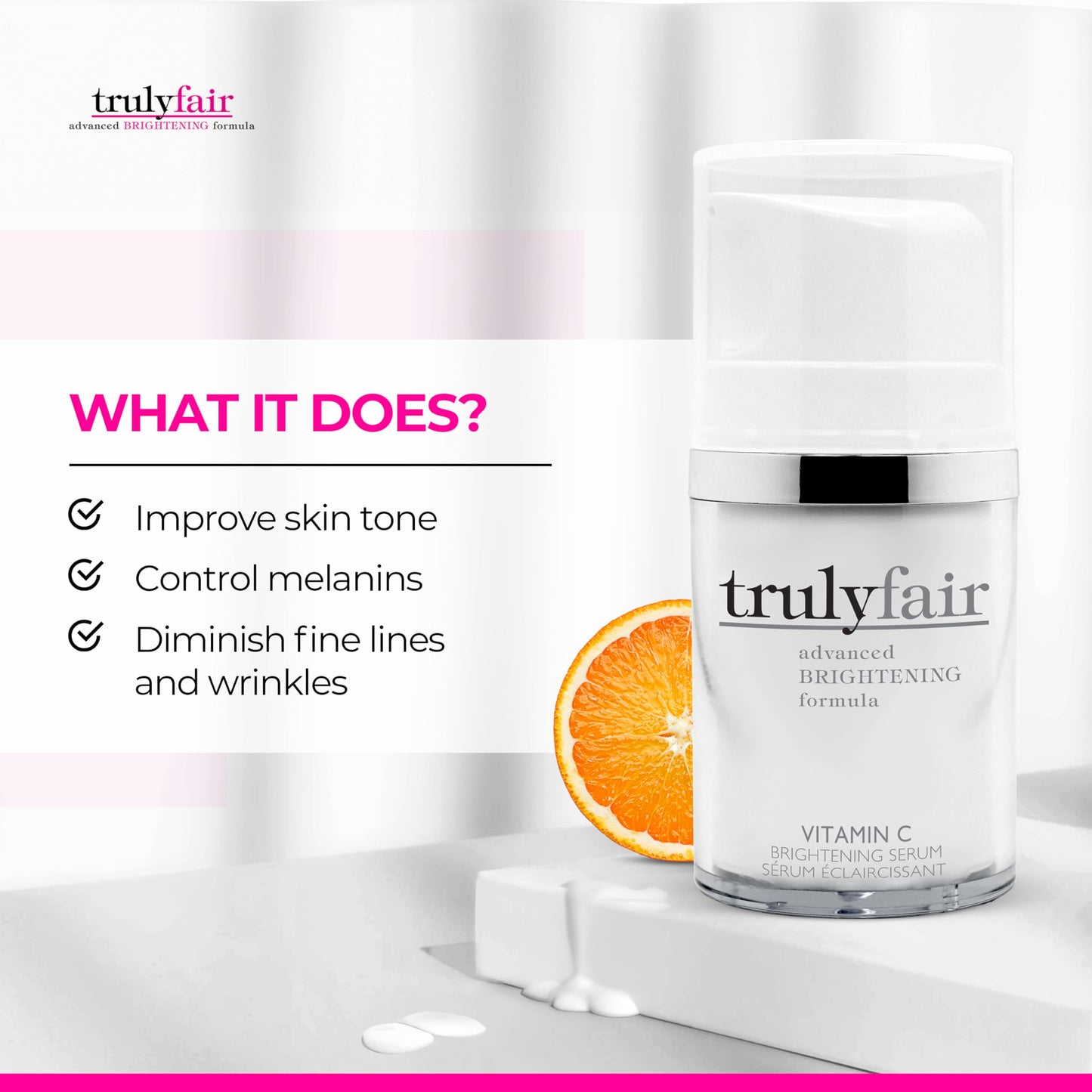 Truly Fair Vitamin C Brightening Serum for women - Hyaluronic Acid Serum for Skincare - Brightening, Anti-Wrinkle Serum - Hydrating, Anti-Ageing