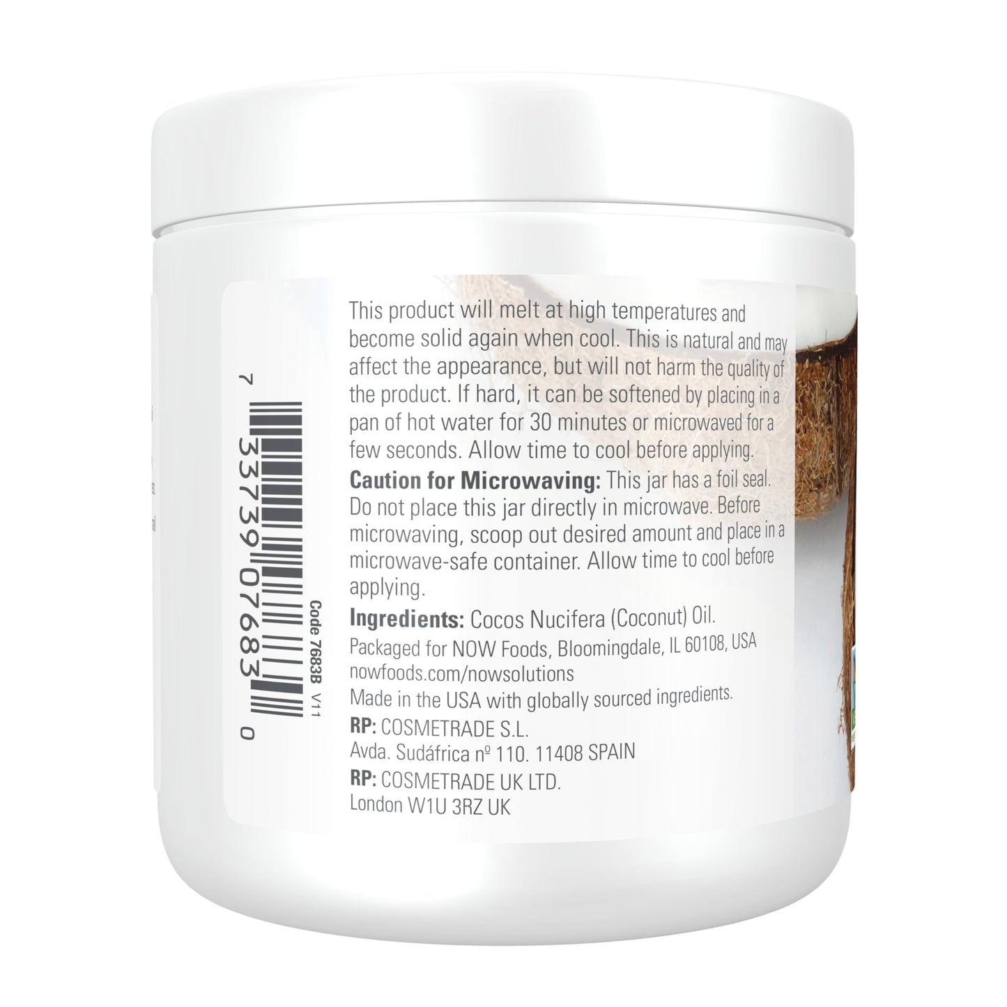 NOW Foods Solutions, Coconut Oil, Naturally Revitalizing for Skin and Hair, Conditioning Moisturizer, 7-Ounce