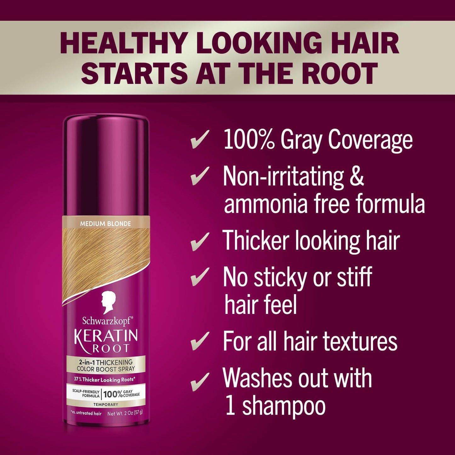 Schwarzkopf Keratin Color Root Temporary Hair Color Spray, Medium Blonde, Instant Gray Coverage, Thicker, Fuller-Looking Roots, Easy-to-Use, No