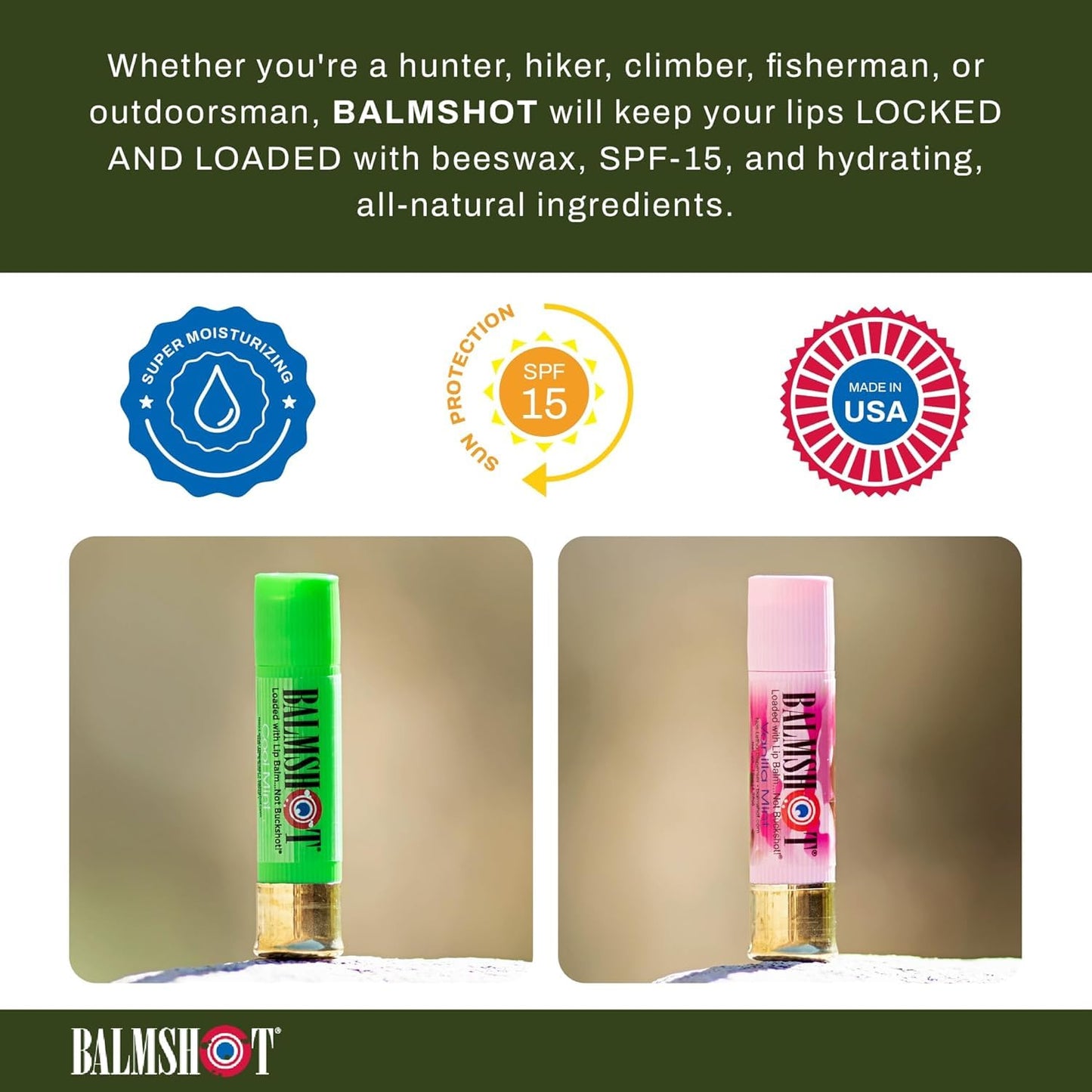 BALMSHOT Lip Balm 4-Pack - Minty Combo Variety Pack - (2) Cool Mint & (2) Vanilla Mint - SPF 15 Beeswax Chapstick Formula, 20-Gauge Brass Shotgun