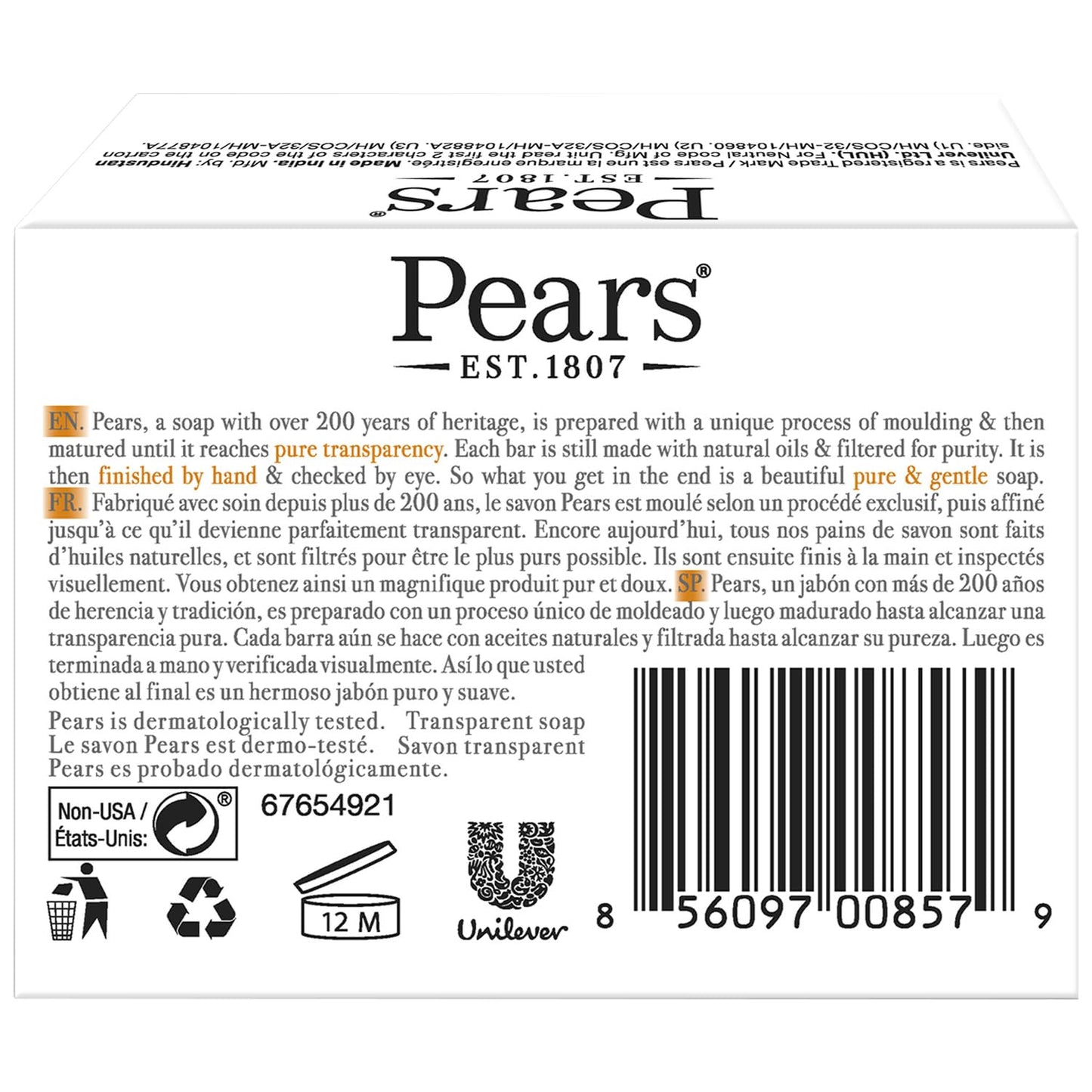 Pears Glycerin Soap, Transparent Amber Value Pack - Pure & Gentle Cleanser with Natural Oils, 3 Bars, 4.4 Oz Ea Beauty & Personal Care Pears