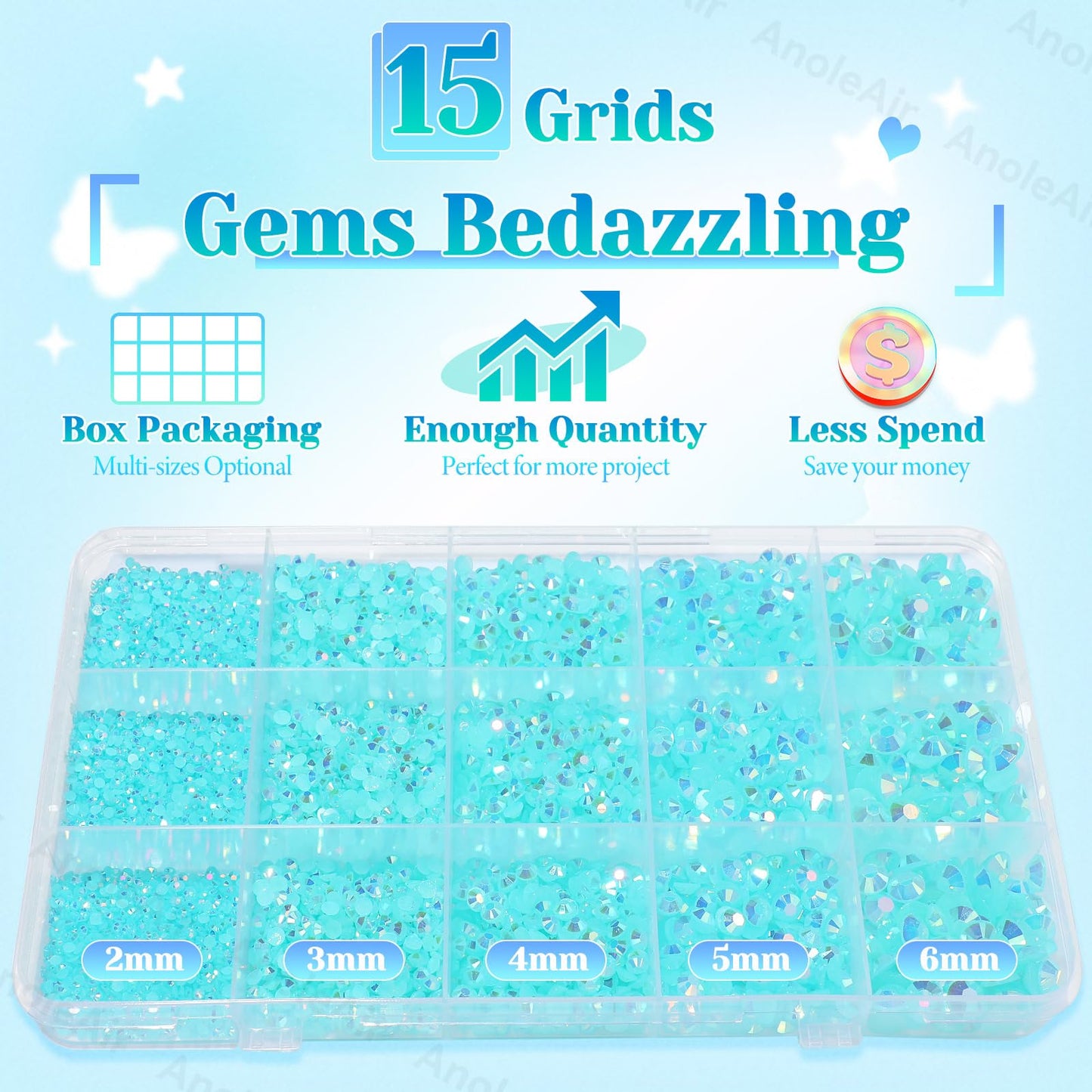 12000Pcs Lake Blue Rhinestones for Bedazzling Kit, 2/3/4/5/6mm Mix Sizes Jelly Bedazzling Resin Gems, Gems Bedazzling for Crafting, Flatback Beauty and Personal Care AnoleAir