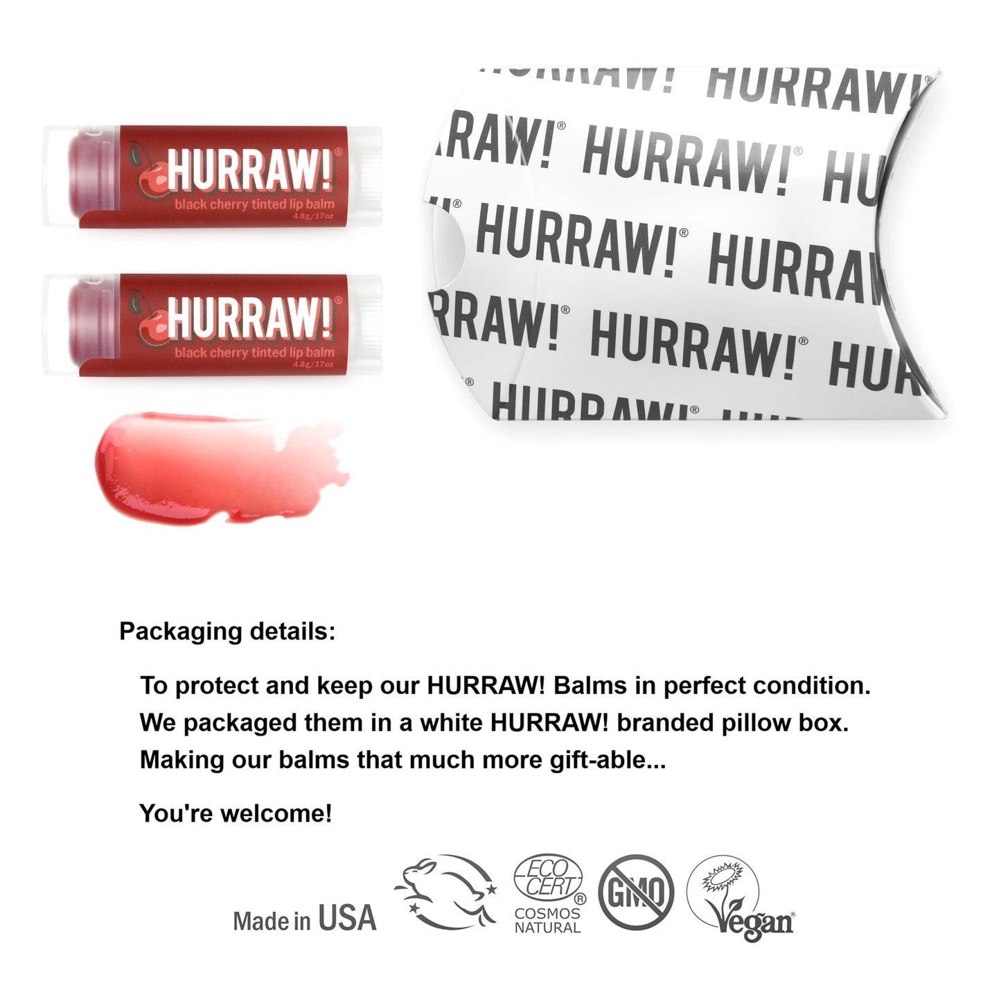 Hurraw! Black Cherry Tinted Lip Balm, 2 Pack: (Sheer Red Tint) Organic, Certified Vegan, Cruelty and Gluten Free. Non-GMO, 100% Natural Ingredients.