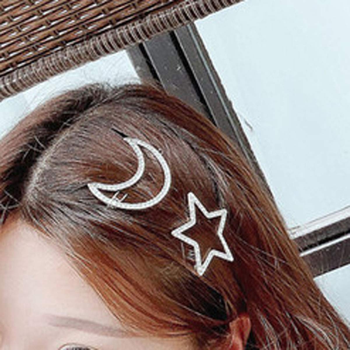 2 Pcs Silver Rhinestone Crystal Geometric Stars Moon Hair Clip Fashion Woman Hollow Side Clip Barrettes Hairpin Hair Accessories