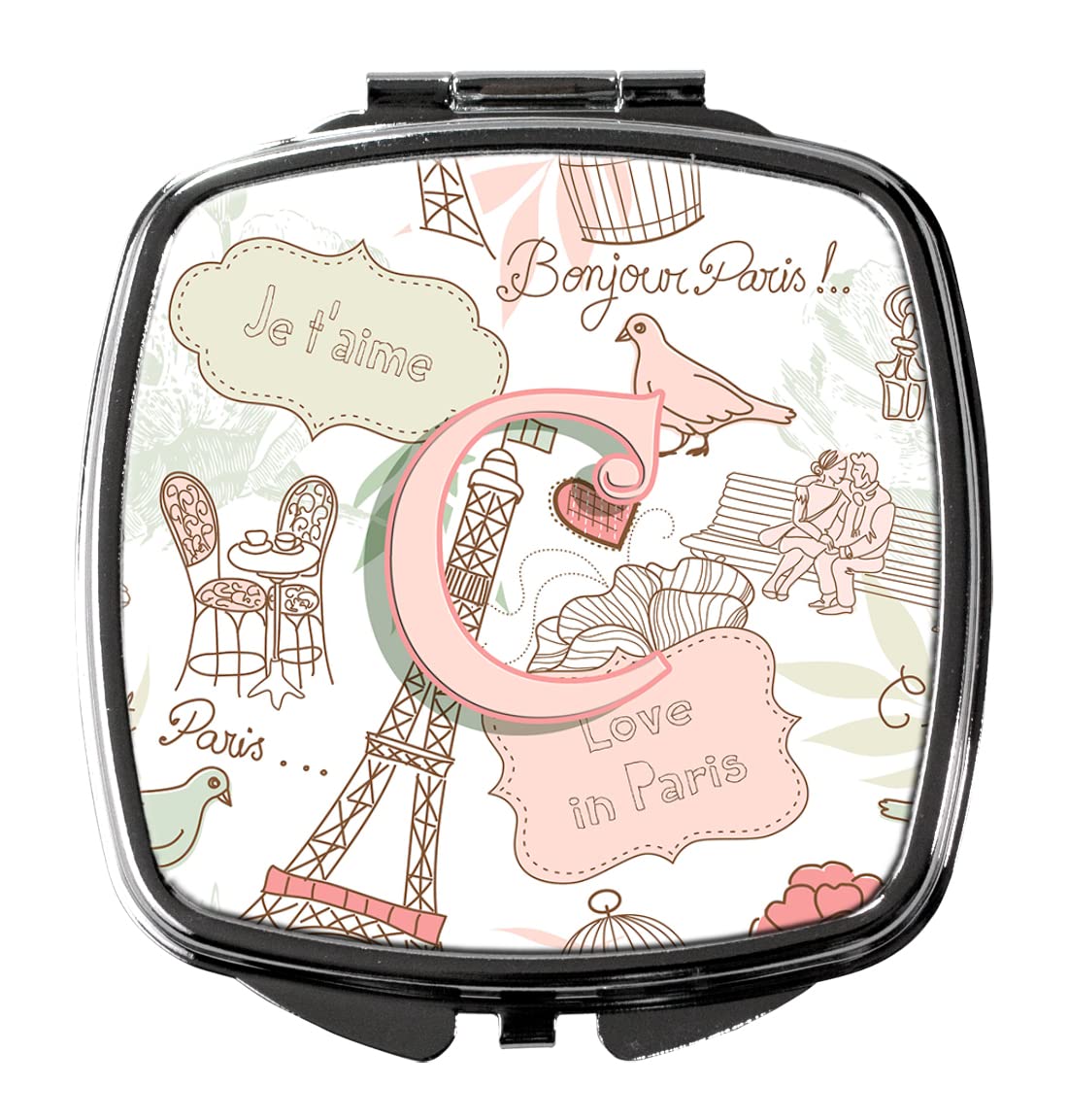 Caroline's Treasures CJ2002-CSCM Letter C Love in Paris Pink Compact Mirror Decorative Travel Makeup Mirror for Women Girls Gifts Pocket Makeup Mirror