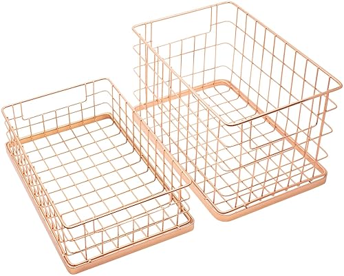 Set of 2 Stackable 10" Metal Wire Storage Basket Bins With Handles (Rose Gold Wide Mesh Base)