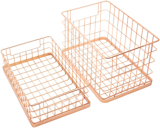 Set of 2 Stackable 10" Metal Wire Storage Basket Bins With Handles (Rose Gold Wide Mesh Base)