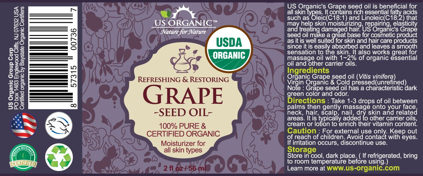 US Organic Grape Seed Oil, USDA Certified Organic, 100% Pure & Natural, Cold Pressed Virgin, Unrefined, in Amber Glass Bottle