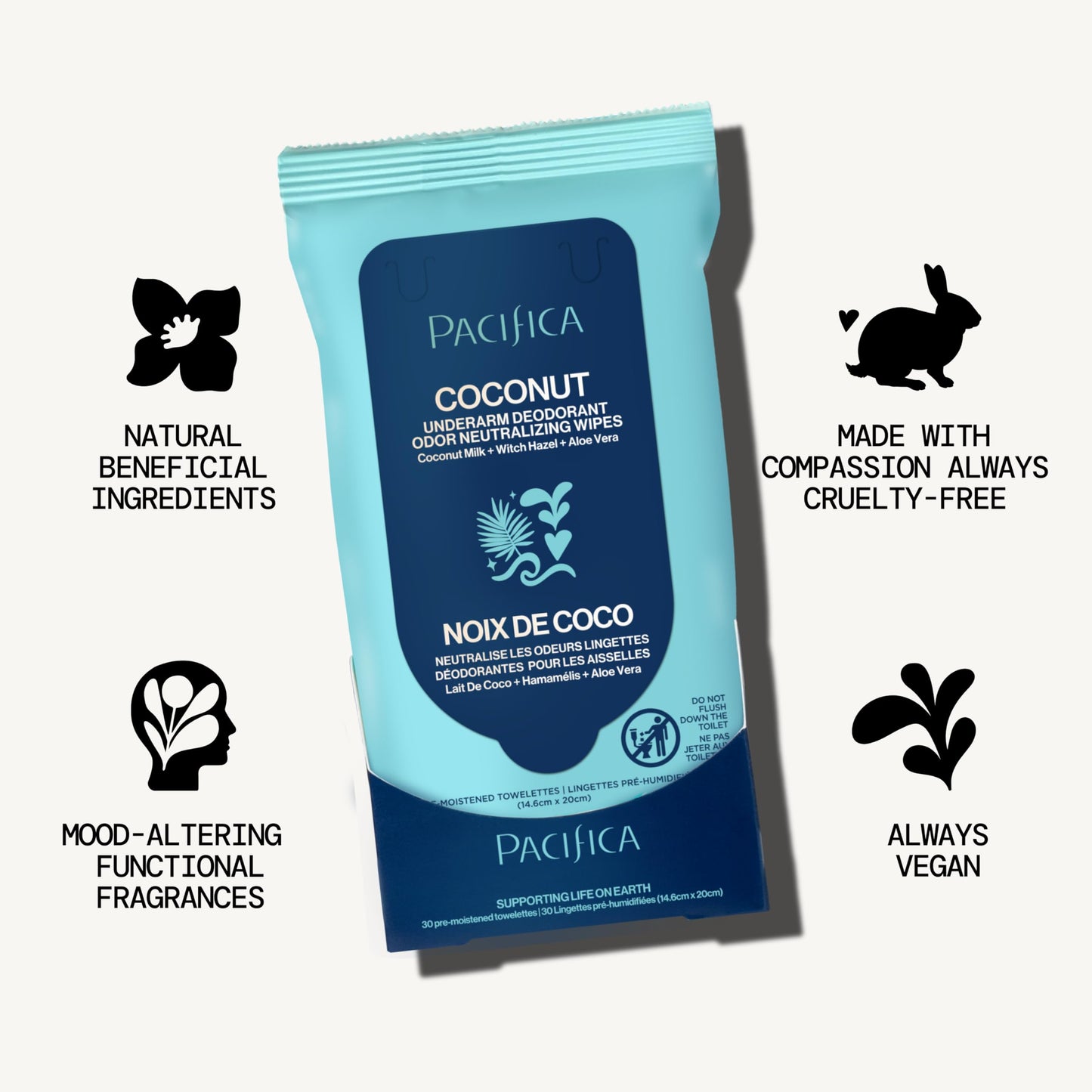 Pacifica Beauty Coconut Milk & Essential Oils Underarm Deodorant Wipes, Helps Remove Odor, Aluminum-Free, Vegan & Cruelty-Free, 30 Wipes (1-Pack) Beauty and Personal Care Pacifica