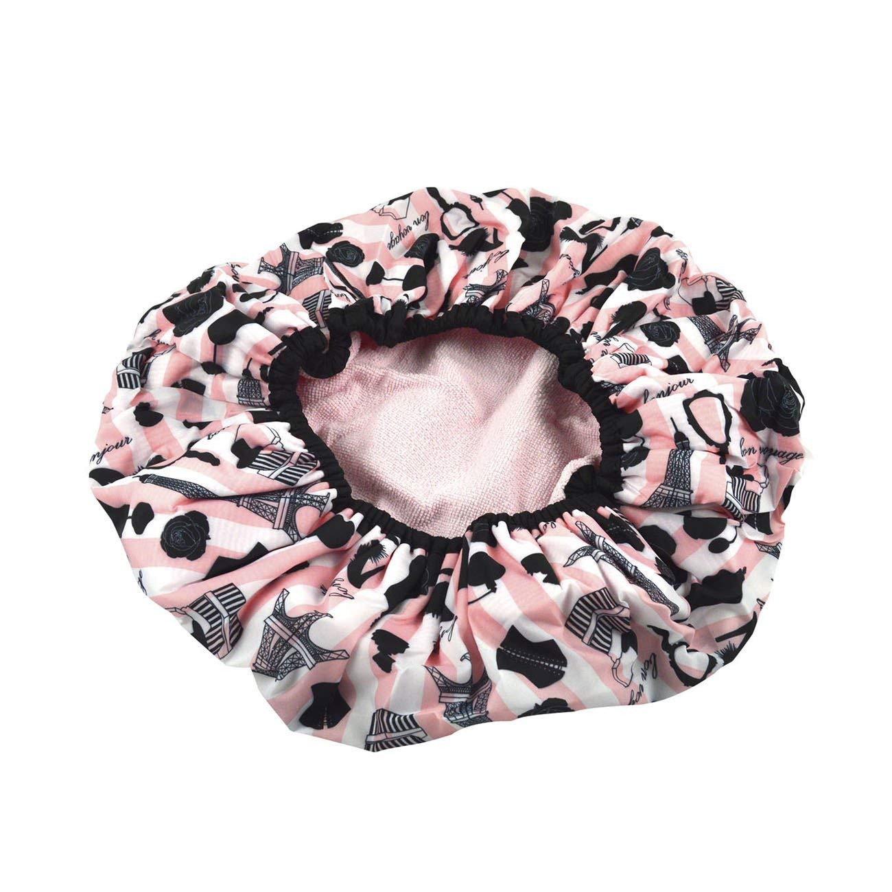 Reusable Nylon Bath & Shower Cap, Reversible Oversized Waterproof Shower Caps Large Designed for all Hair Lengths w Terry Lining & Elastic Band