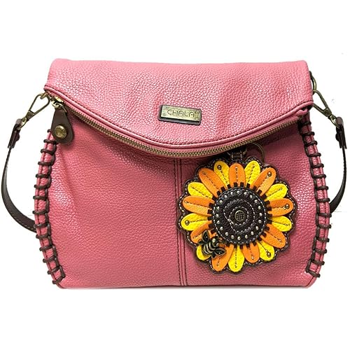 Chala Charming PINK Crossbody Bag With Flap Top and Zipper Cross-Body Purse or Shoulder Handbag with Sunflower Coin Purse- Pink (Sunflower)