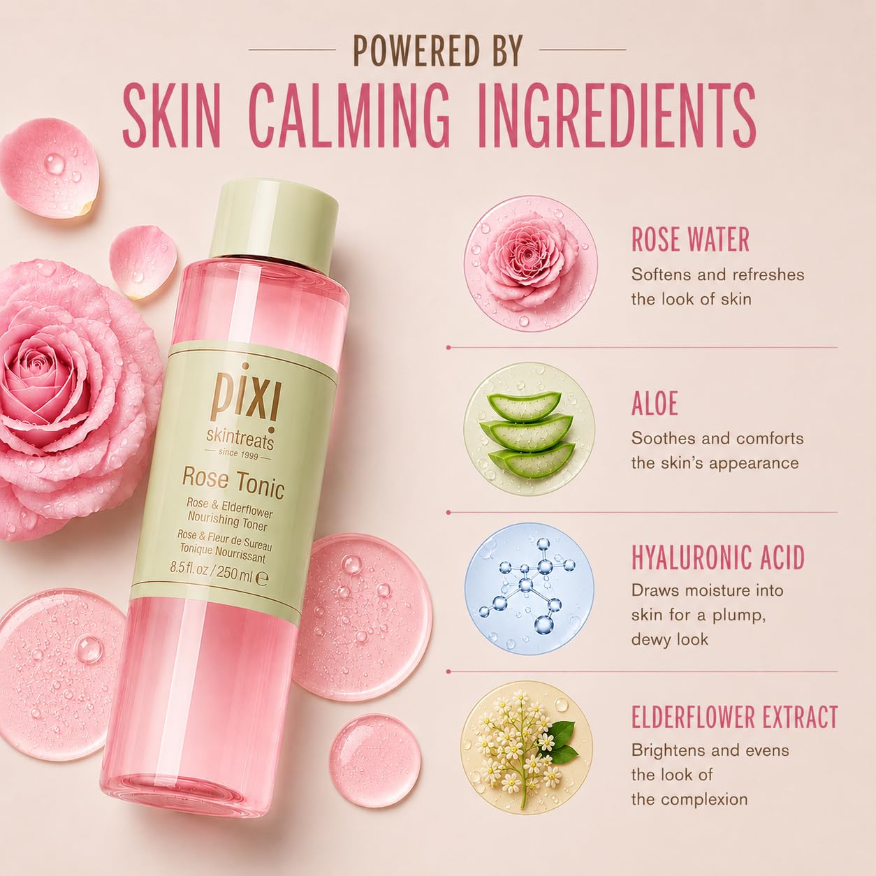 Pixi Rose Tonic Rose Hydrosol Toner Hydrates Skin, Minimize Redness, Rehydrates and Replenishes, 100mL/ 3.4 fl oz