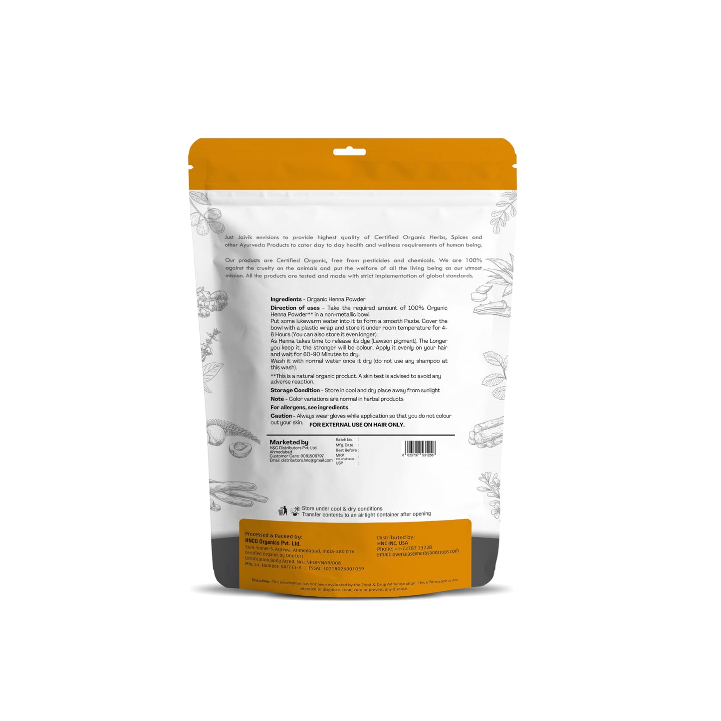 Just Jaivik Henna Powder (Lawsonia Inermis) for Hair - 100% Natural, USDA Certified Organic by OneCert Asia, No Chemicals or Additives, 227 Gms / 0.5
