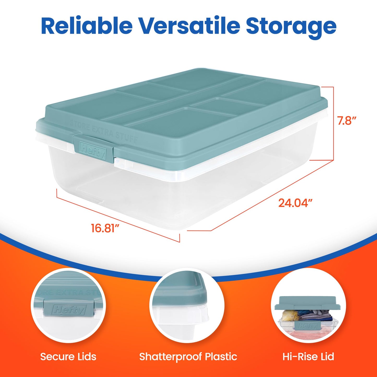 Hefty HI-RISE 40 Qt Stackable Storage Bins with Lids - 6 Pack Clear Plastic Under Bed Storage Containers, Shoe Organizer Boxes with XL Lid-Locking…