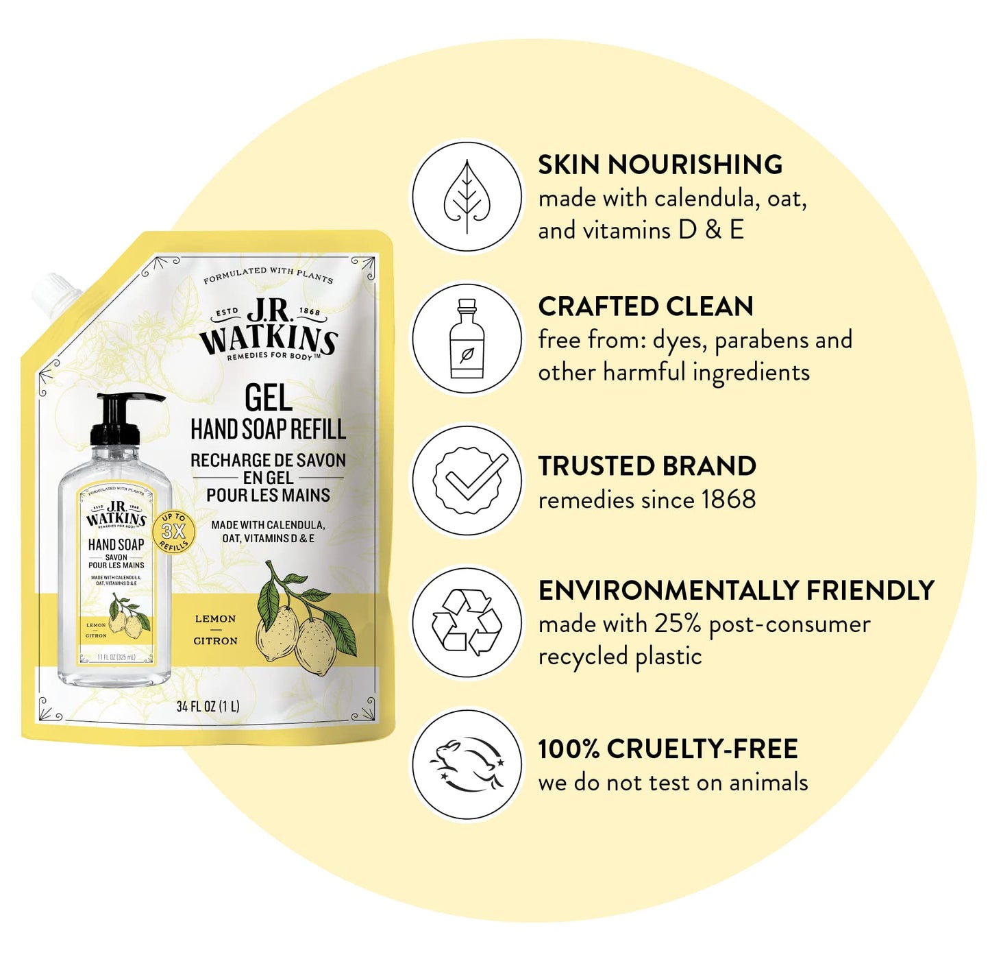 J.R. Watkins Gel Hand Soap Refill Pouch, Scented Liquid Hand Wash for Bathroom or Kitchen, USA Made and Cruelty Free, 34 fl oz, Lemon, 2 Pack