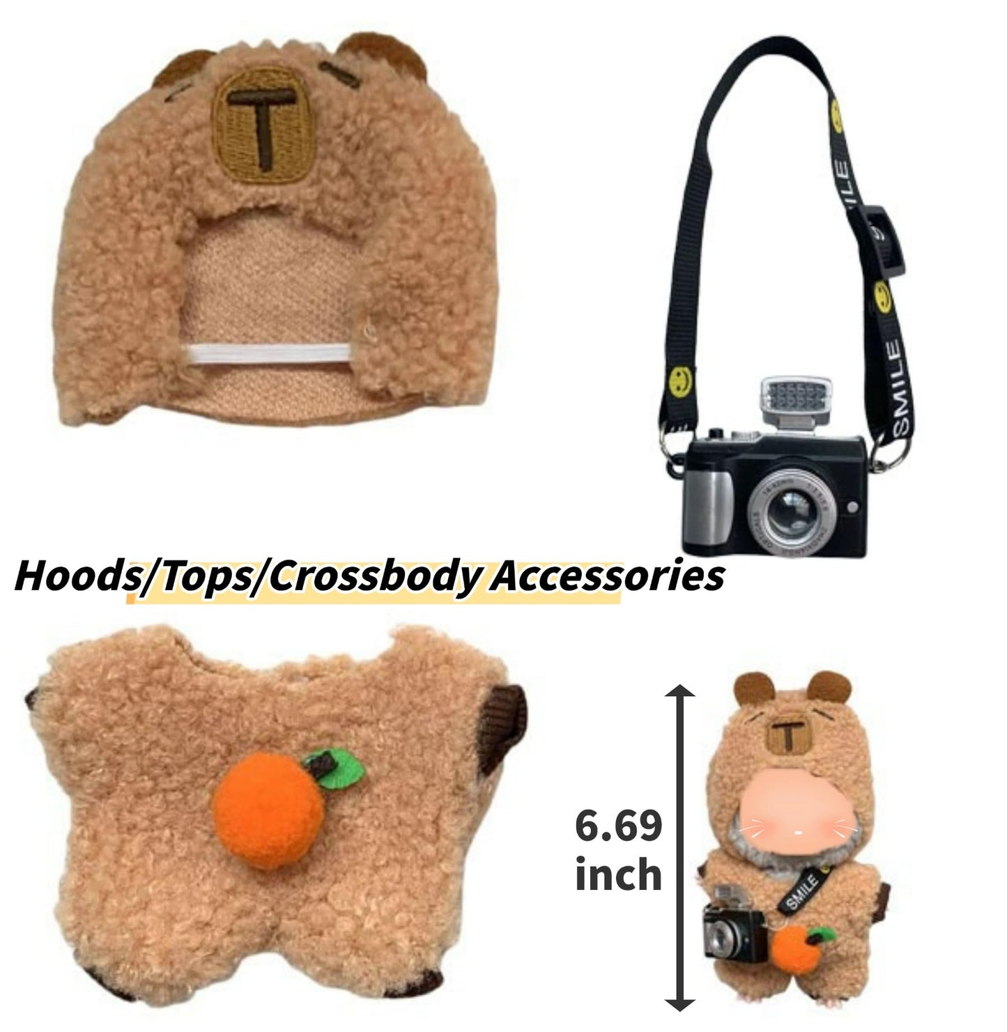 3-Piece Knit and Plush Doll Outfit Set for 17cm Collectibles - Plush Bear Hoodie Set (Hoodie+Outfit+Camera) - No Doll Included