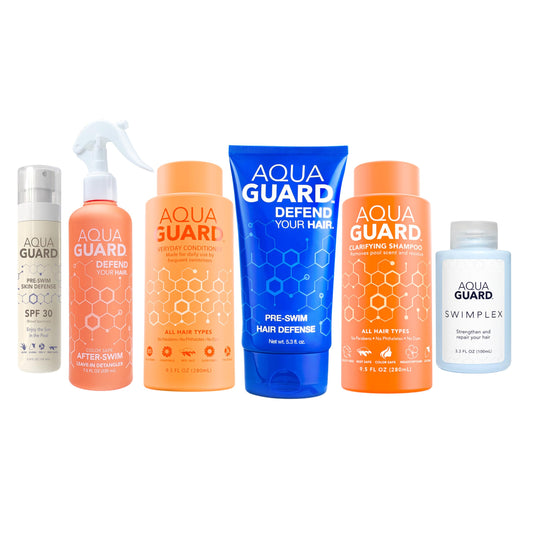 AQUA GUARD Swim Hair Rescue Bundle | Pre-Swim Protection & Post-Swim Repair Kit | Includes Hair Defense, Shampoo, Conditioner, Detangler, Hair Mask